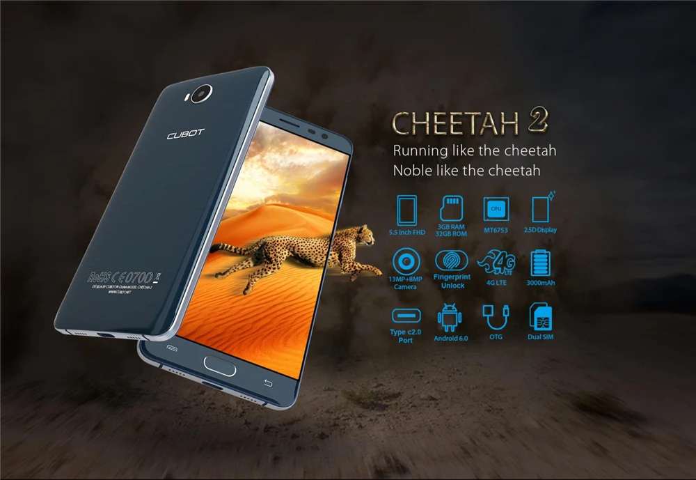 Cubot Cheetah2 MT6753 Восьмиядерный 5," высокое разрешение, распознавание отпечатка пальца Campass+ гироскоп 3 ГБ+ 32 Гб телефон