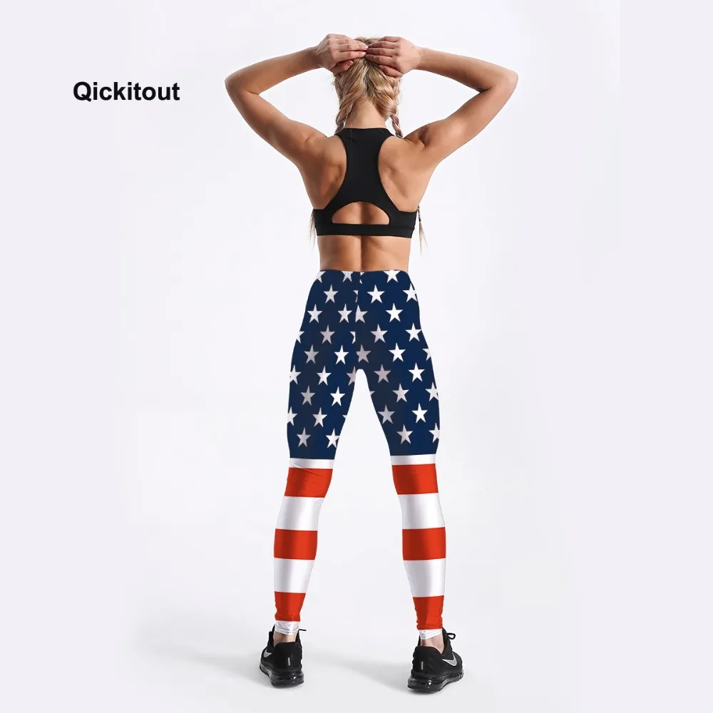 Qickitout Summer Style Women Leggings Fitness Leggings American Flag Star&Stripe Printed High Waist Leggings Workout Pants S-4XL