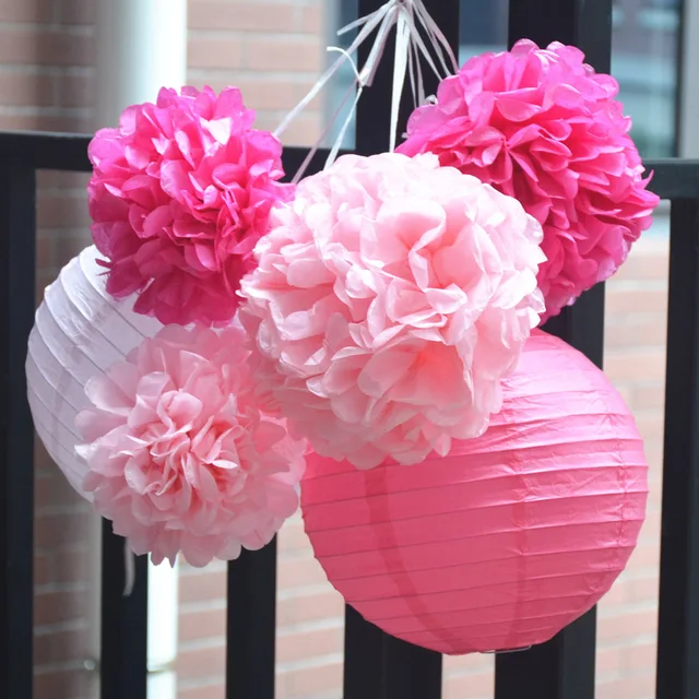 6pcs set rose pink white paper lanterns tissue paper pom poms paper flower lanterns