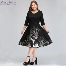 MisShow Plus Size 5XL Rockabilly Do Vintage Impresso Swan Retro Mulheres Se Vestem 50 s 60 s Balanço Midi Vestido com Manga vestidos Feminino