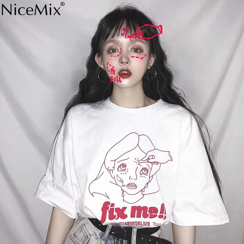 NiceMix 2020 Летняя женская футболка в стиле Харадзюку Свободные топы с мультяшным