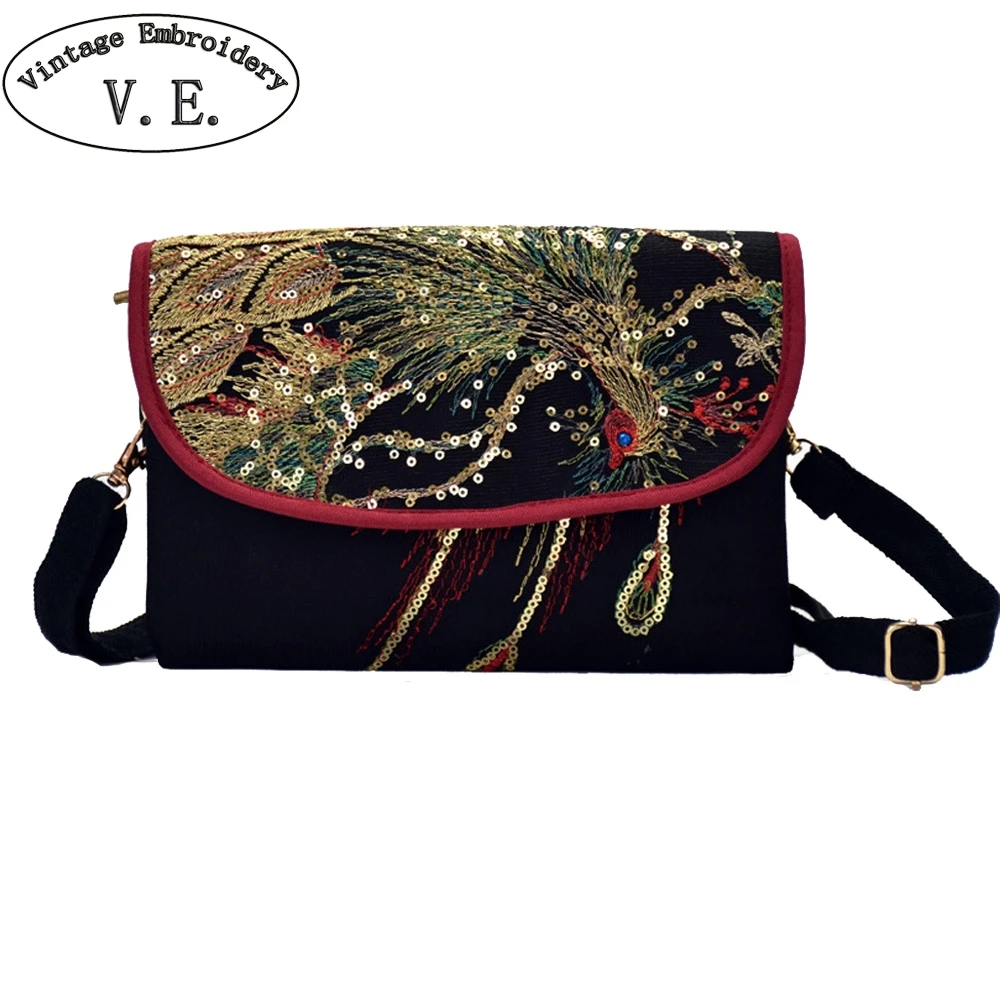 

Vintage Embroidery Women Sequin Messenger Bag Peacock Embroidered Shoulder Bags Long Wallet Small Totes Clutch Phone Coin Bags
