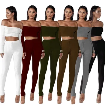 

Tsuretobe Off Shoulder Knitting Two Piece Set Women Fashion Bodycon Elegant Tracksuit Female Long Sleeve Two Piece Set Vestido