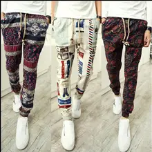 M-3XL весной и летом Для мужчин прилив личности луч Штаны цветок повседневные льняные шаровары стильные брюки для ночного клуба штаны с принтом