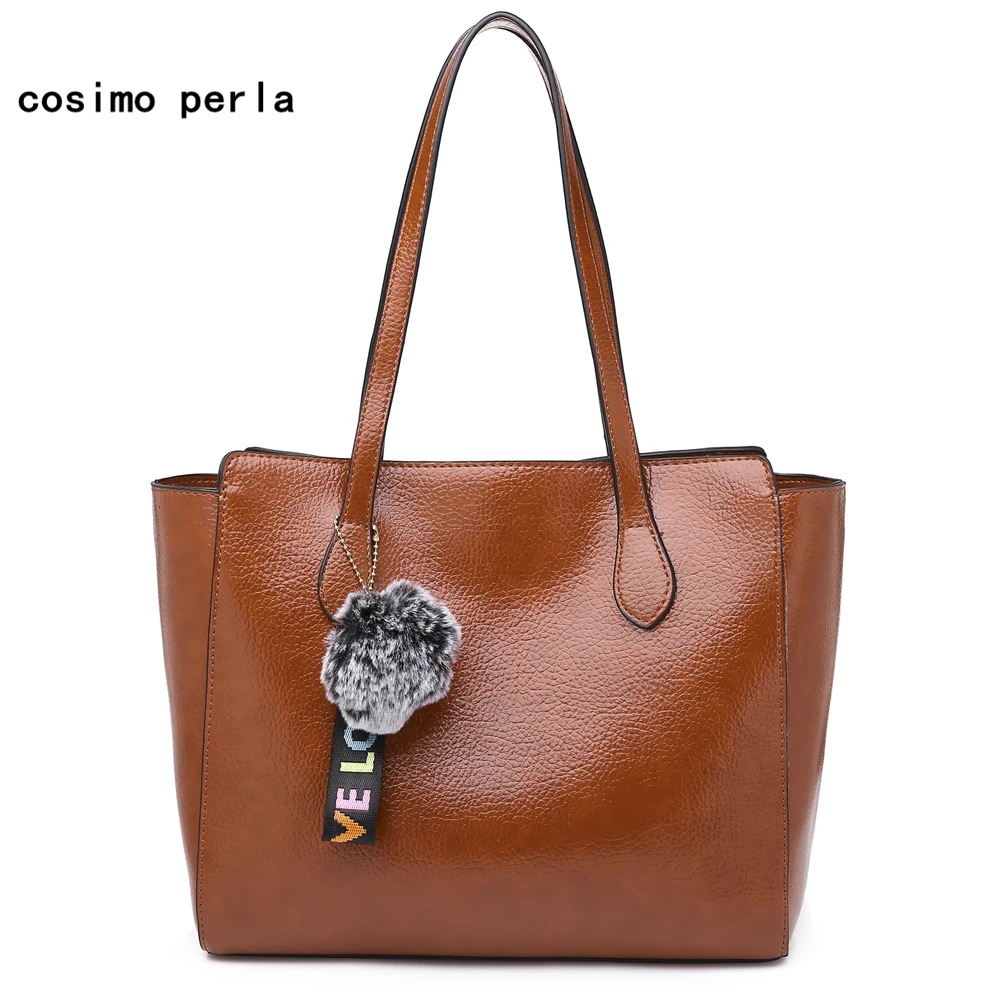 

Fashion Luxury Designer Handbags Big Tote Bags for Women Top-Handle Shoulder Bags Hairball Solid Wax Leather Casual Totes 2019