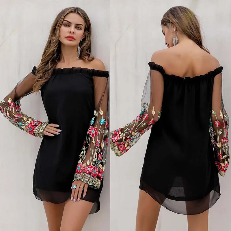 

WHZHM Spring Ruffles Voile Lace Dress Women Party Flower Embroidery Long Flare Sleeve Patchwork Slash Neck Mesh Dress Ladies