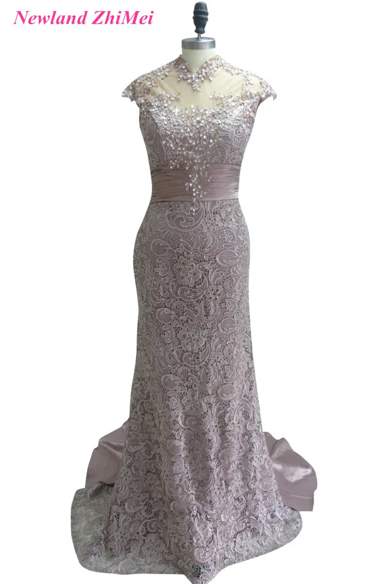 Vintage Long Lace Formal Party Gowns Gorgeous High Neck Open Back Cap Sleeve Beading Sequin Satin Prom Dresses 2017