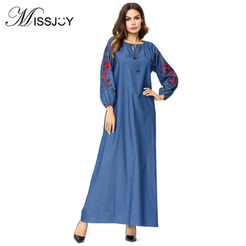 

MISSJOY Turkish Abaya Islamic Clothing Prayer Dress Muslim Long Sleeve Flower Embroidery Blue denim Party Fashion dress women