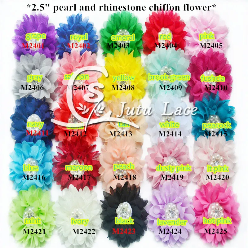 

60 pcs / lot , 2.5 '' chiffon Flowers with Pearl , fabric flower for headband