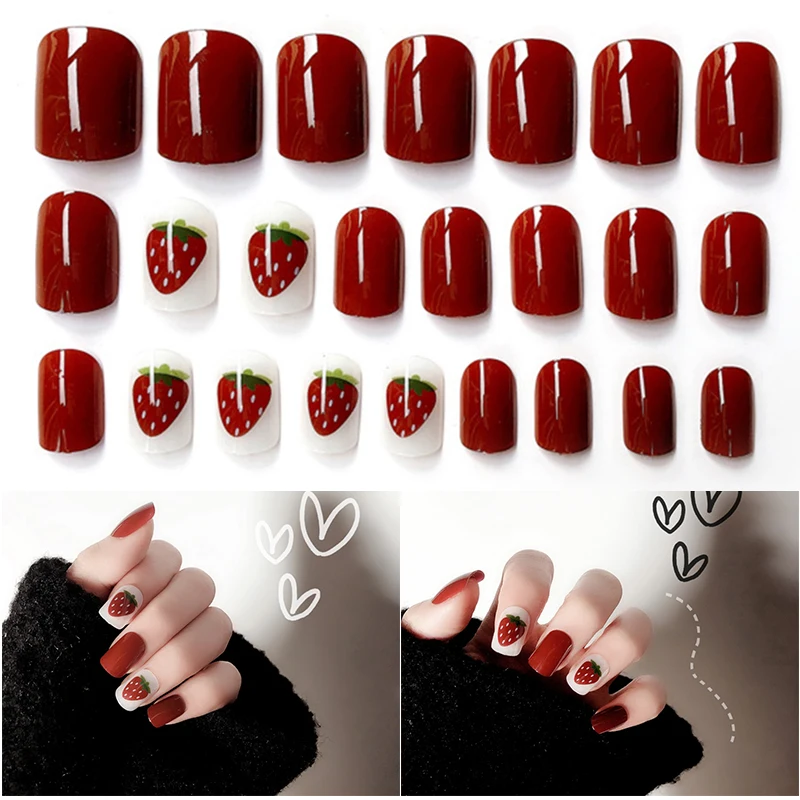 

24pcs Fashion Acrylic Fake Nail Tips Strawberry Pattern Decorated for Fashion Finger Full Cover Nail Art Accessories False Nails