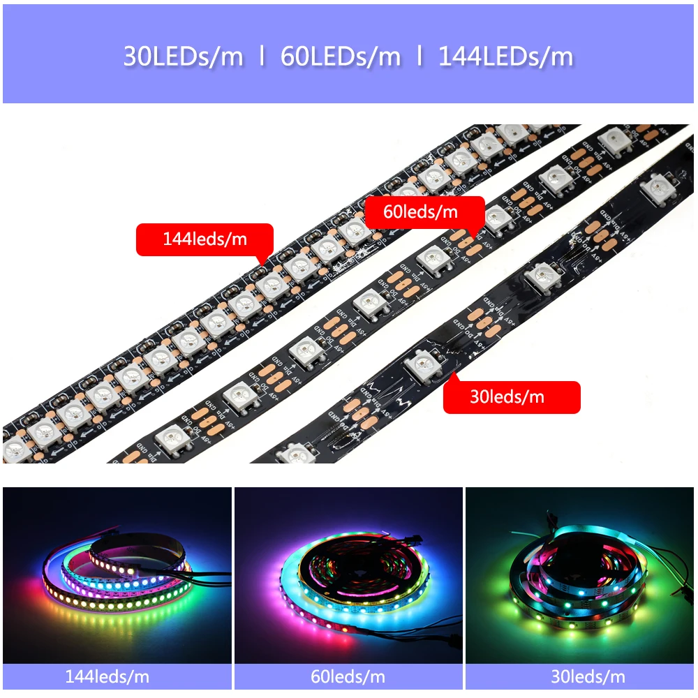 DC 5V WS2812B полный Цвет RGB Светодиодные ленты 30/60/144 светодиодный s/m пикселей Светодиодные ленты света черный/белый печатных плат для передачи данных 1 M/2 M/3m/5 M