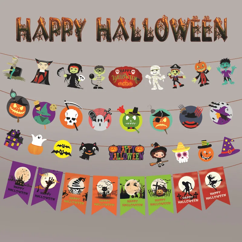 

Halloween Decoration Hanging Flag Pumpkin Skeleton Bat Ghost Bunting Banners Paper Garland Prop Kids Halloween Party Supplies
