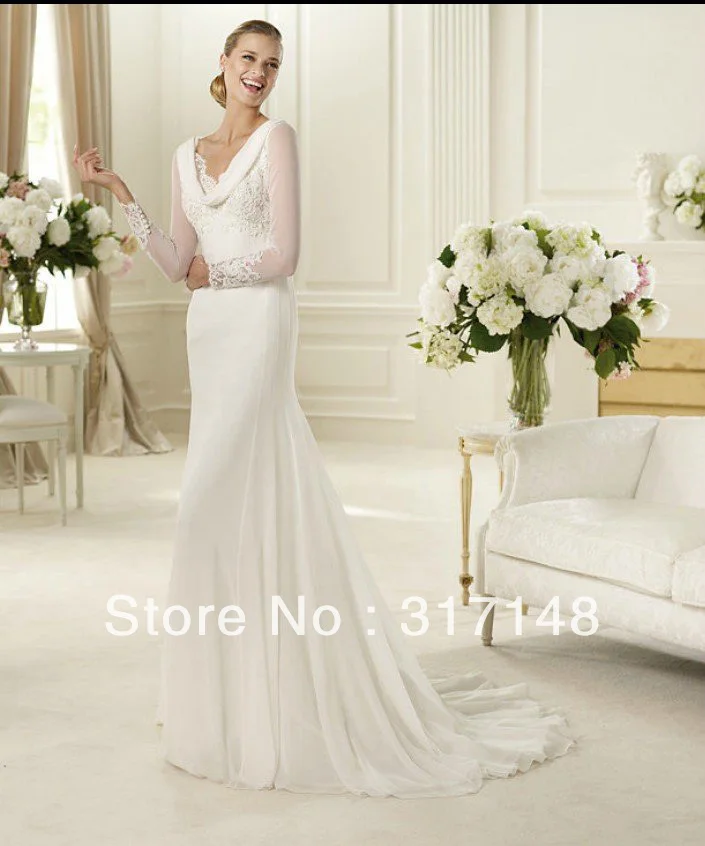 New Style 2017 Cowl Neck Ivory Lace See Through Back Chiffon Wedding New Style 2017 Cowl Neck Ivory Lace See Through Back Chiffon Wedding Gowns With Sheer Long Sleeves Fn163 In Dresses From Weddings Events On