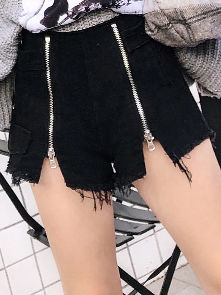

Thai Street Fashion Personality Double Zipper Hole Denim Shorts Female High Waist Was Thin Hot Pants Wild Wide Leg
