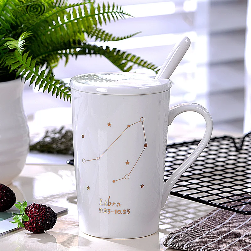 12 созвездий черный и золотой Костяной фарфор кофе молоко кружка с керамической ложкой Зодиак керамическая чашка 400 мл - Цвет: Libra