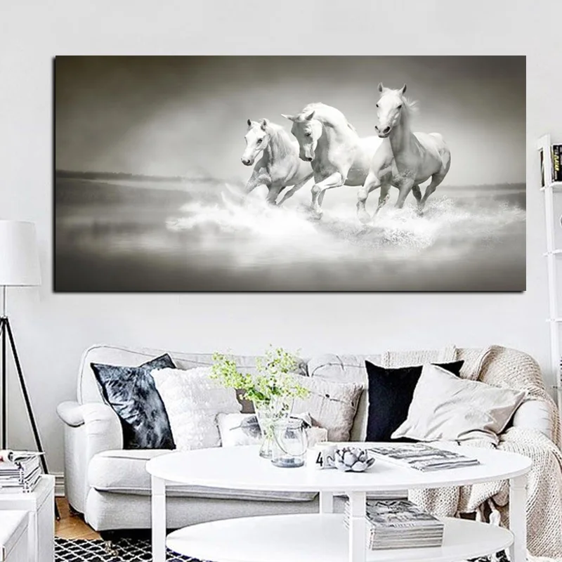Modern White Horses Running in River Oil Painting HD Print on Canvas Poster Wall Pop Art Picture for Living Room Sofa Cuadros