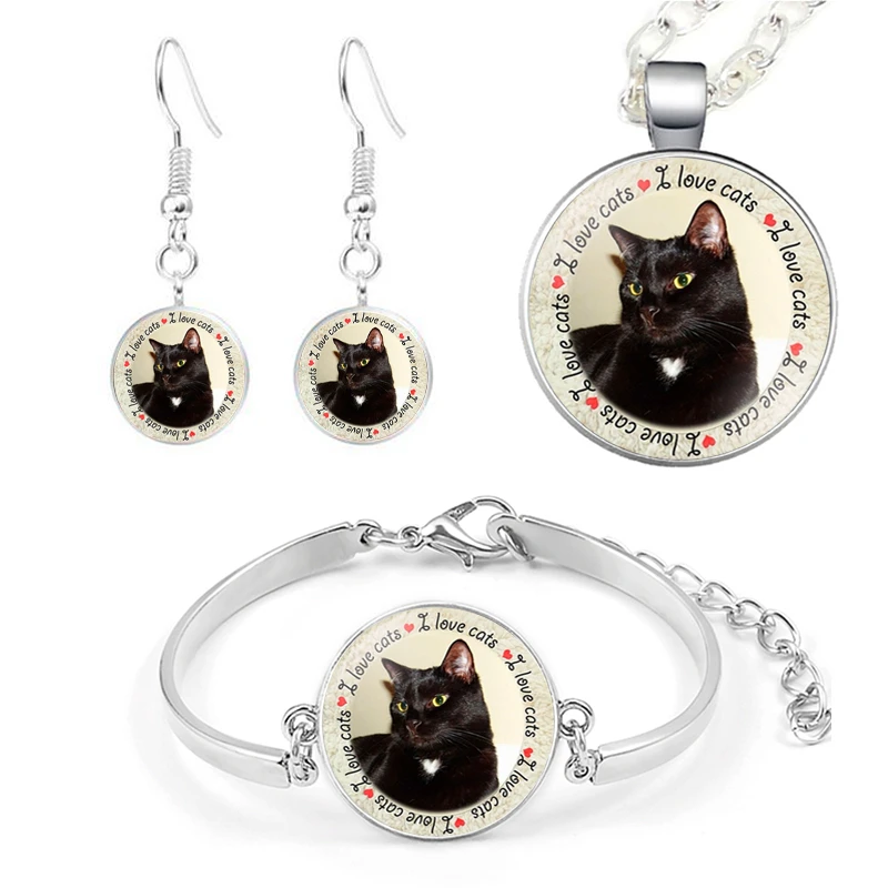 

4 Pcs Cute Cat Jewelry Set Letter Cat Letters Photo Necklace Pendant Bracelet Earring Birthday Festival Anniversary Gift Jewelry