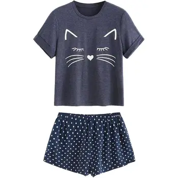 

Women Girls Summer Short Sleeves Pajamas Set Cute Cat Loose T-Shirt Tops Polka Dot Ruffles Shorts Sleepwear Home Loungewear