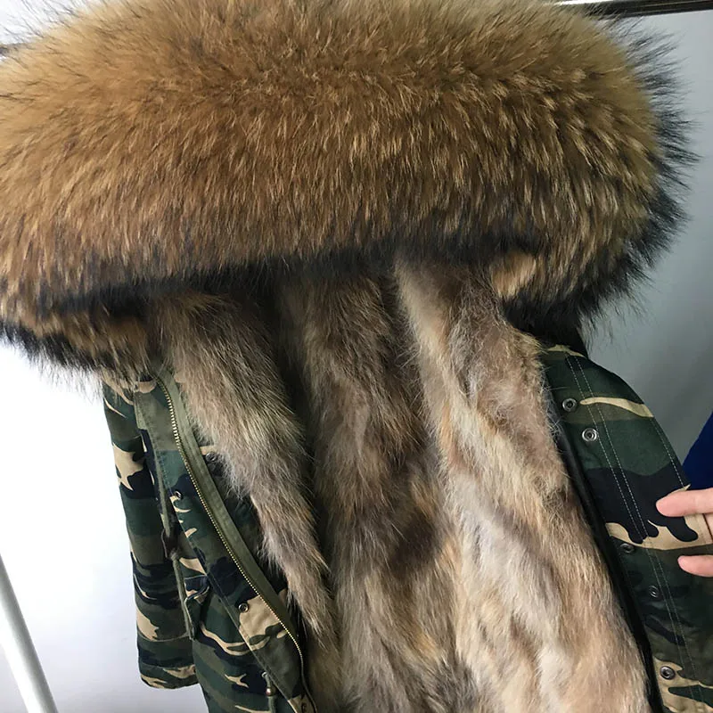 Maomaokong натуральным лисьим мехом пальто зимняя куртка Для женщин Длинная парка натуральный мех енота меховой воротник капюшон толстый теплый натуральный мех вкладыш парки - Цвет: TJD33-16