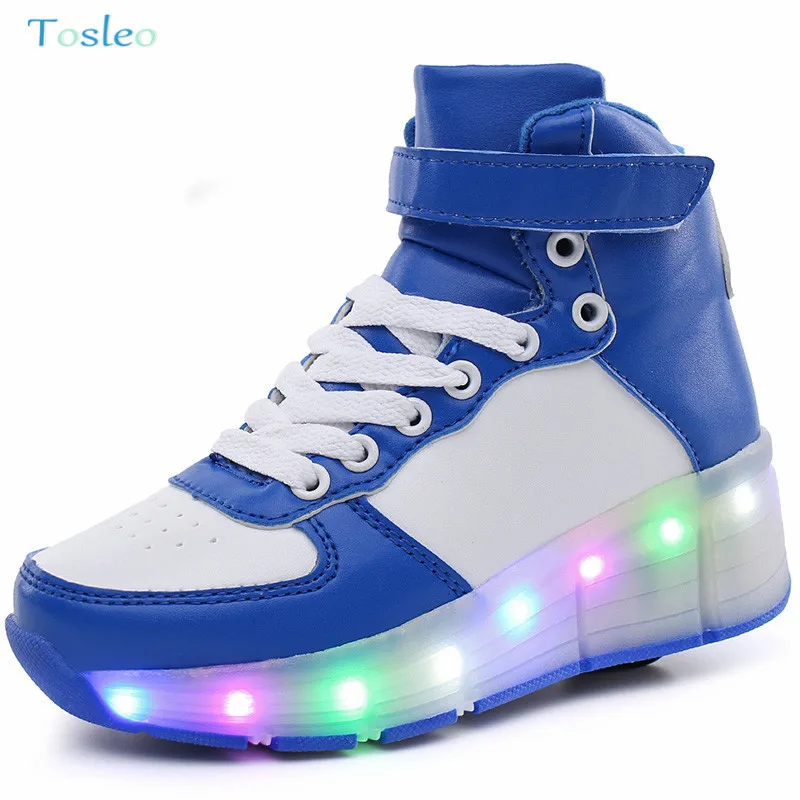 

Boys Girls Lumious Wheel Shoes High Top Kids Glowing Sneakers Roller Skate Shoes Single Wheel Pulley Button Led Available 30-40