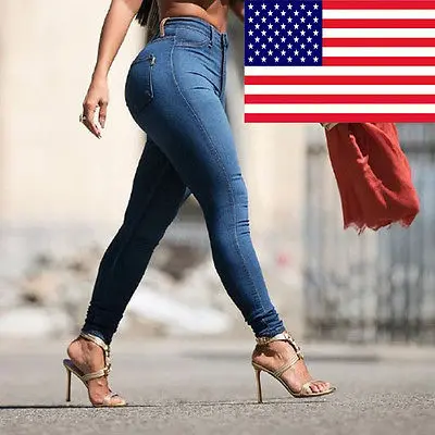 

New Cotton Women Pencil Stretch Casual Denim Skinny Long Length Jeans Pants High Waist Set