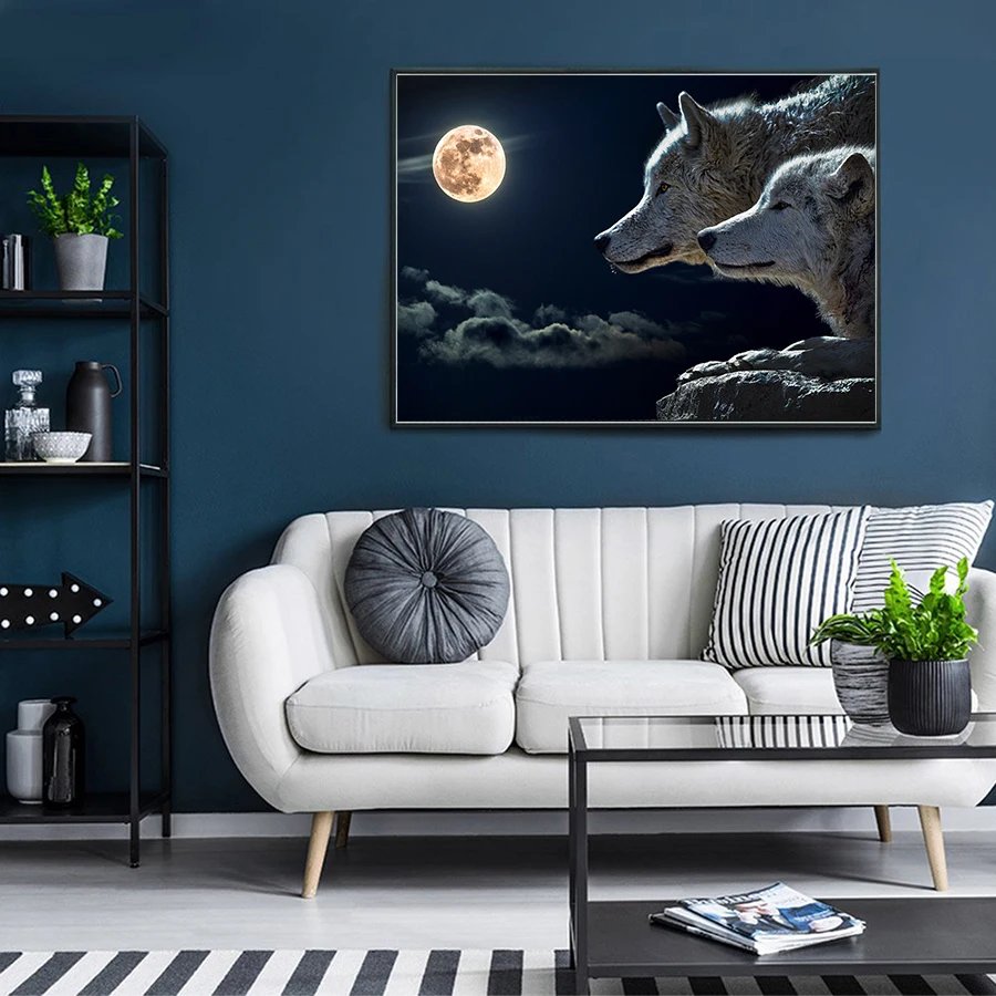 

Black and White Wolf Canvas Art Animal Wall Prints Eclipse of the Moon Canvas Posters Modern Living Room Decorative Pictures