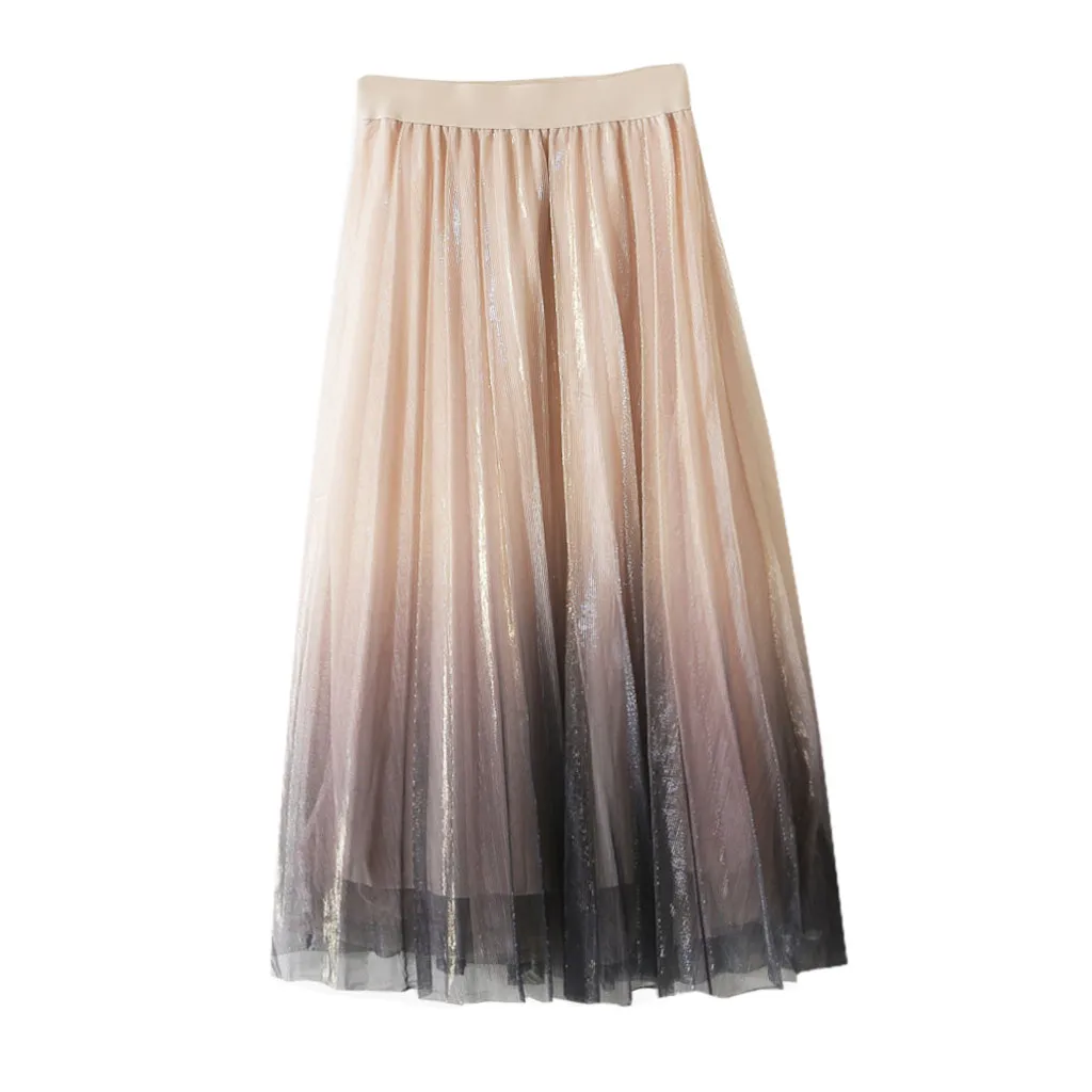 Women's long tulle reflective mesh skirt in the long paragraph A word bright silk pleated skirt Princess sweet skirt юбка 40