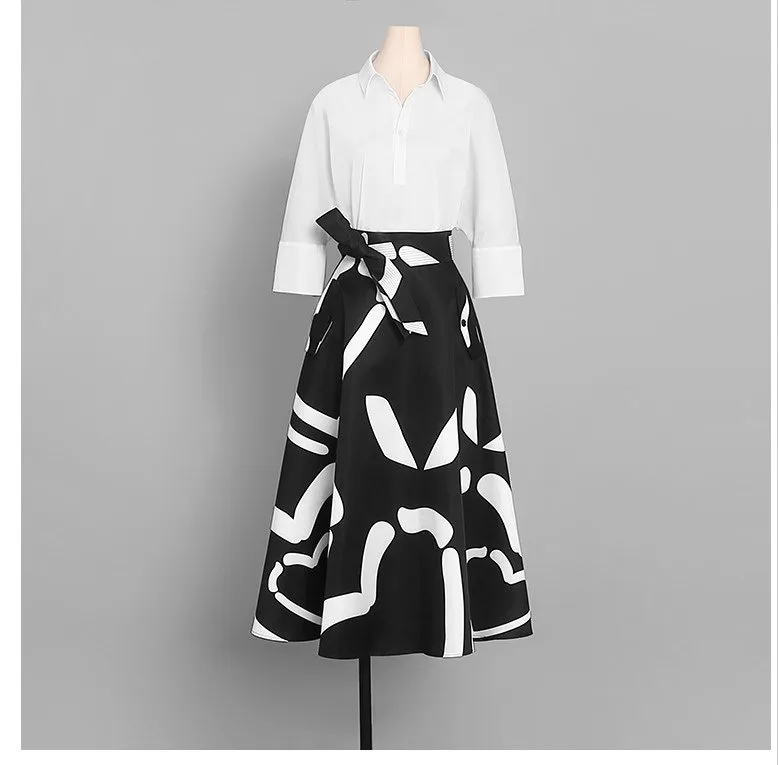 White Lapel Blouse & High Waist A Line Dress (7)
