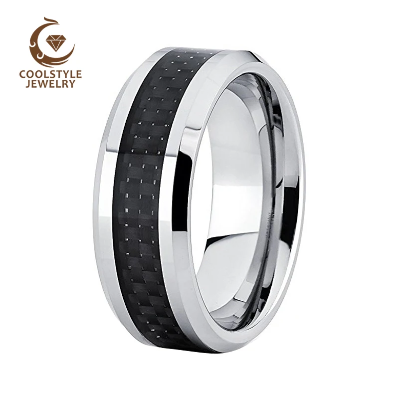 Buy 6mm 8mm Mens Womens Durable Black Carbon Fiber Inlay Tungsten Wedding Ring