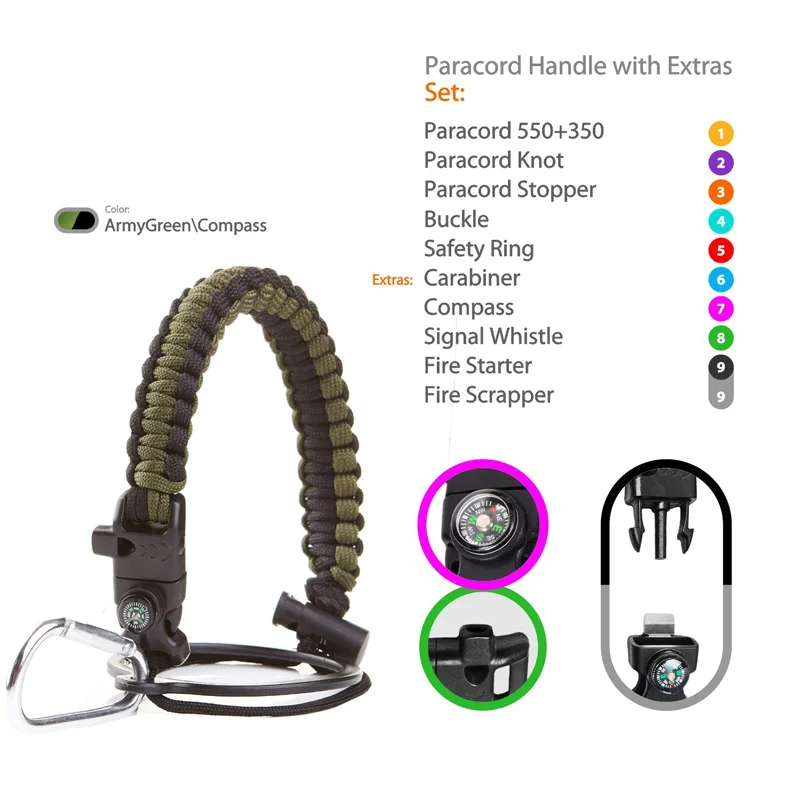 Ручка Paracord для гидрофляжки бутылка воды выживания с защитным кольцом карабин