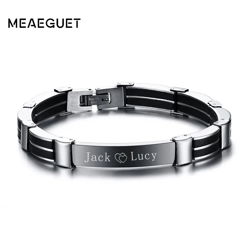 

Personalized Laser Stainless Steel Silicone Chain Link ID Bracelet Bangle For Men Customized ID Name Pulseira Pulsera