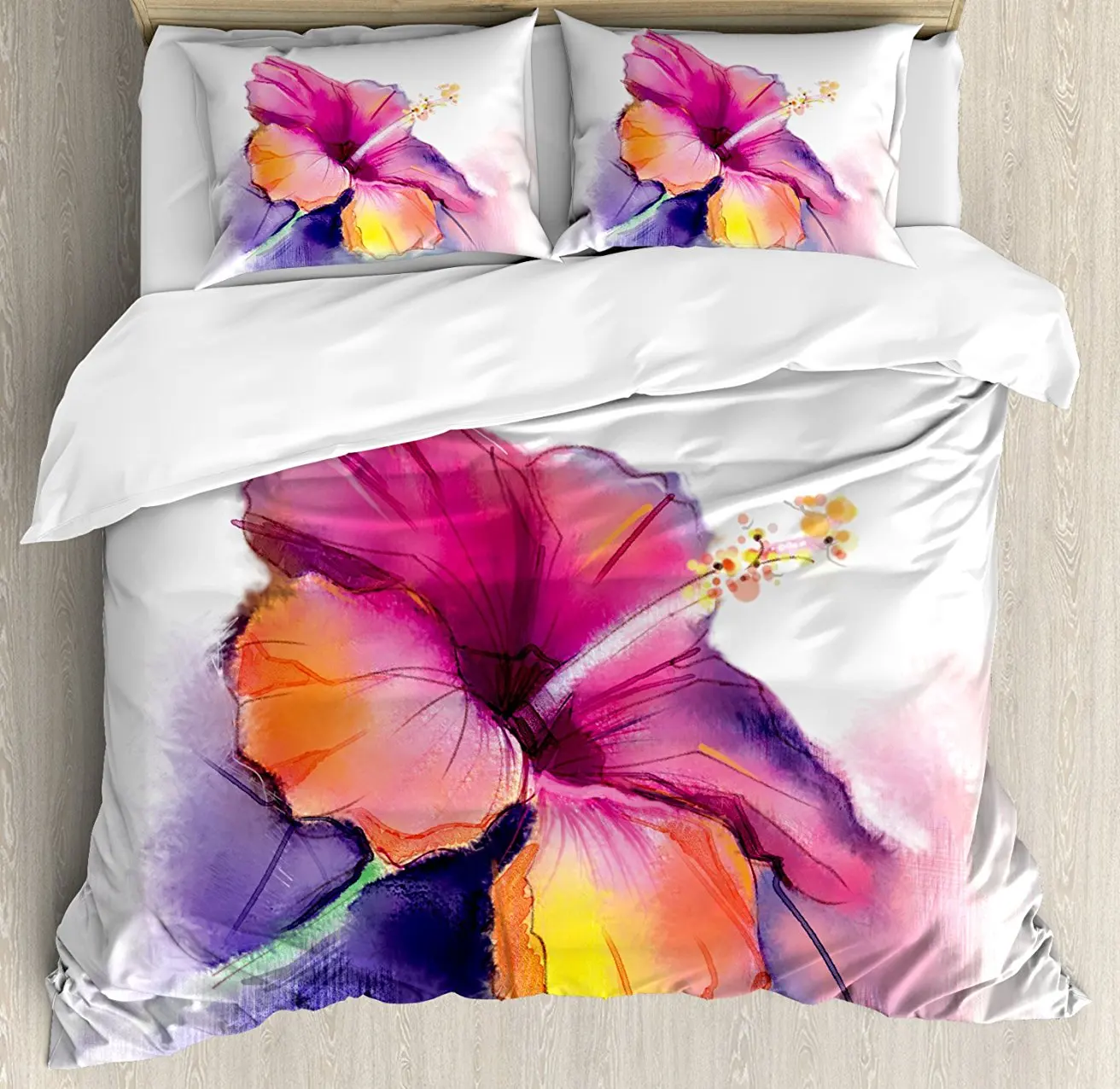 

Flower Duvet Cover Set , Hibiscus Flower in Pastel Abstract Colorful Romantic Petal Pattern Artwork Print, 4 Piece Bedding Set