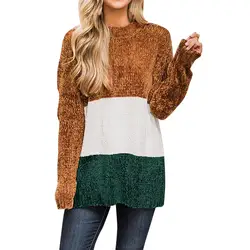 Зима тянуть свитера Для женщин 2019 Модные свободные Джемперы Для женщин s Повседневное полосатый джемпер с длинными рукавами с круглым
