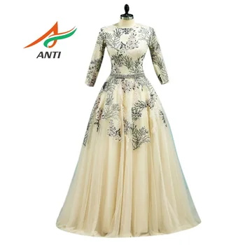 

ANTI round neck long sleeve retro embroidered lace inlaid crystal A-shaped elegant luxury dignified grand ladies evening dress