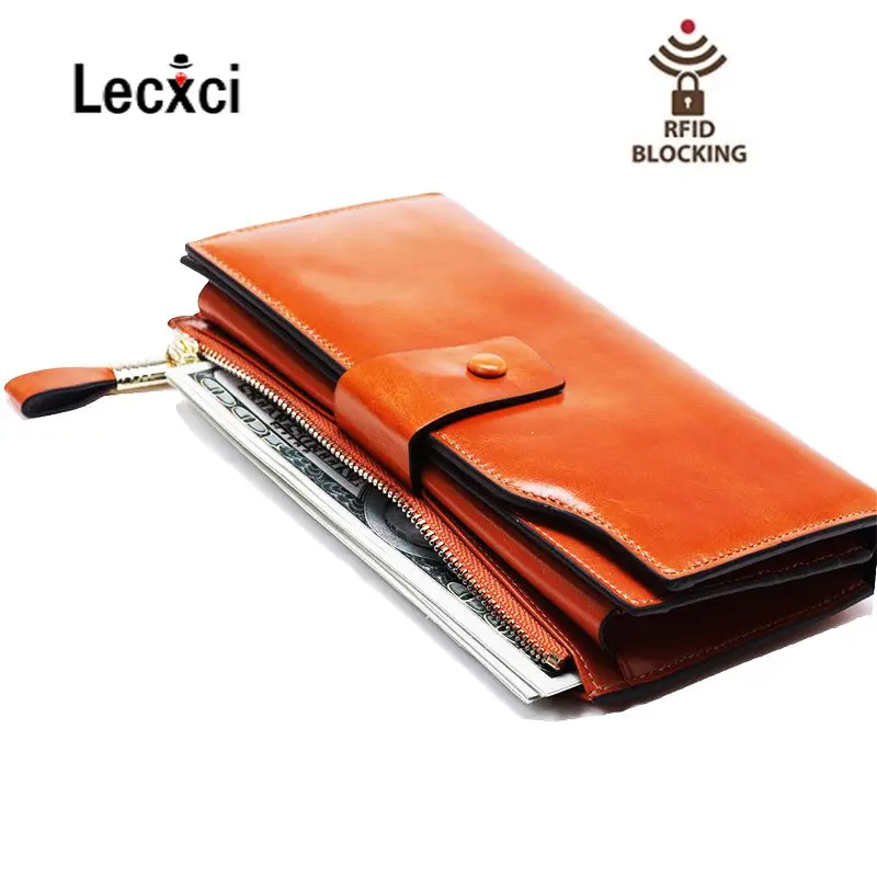 

Fashion Genuine Leather Women Wallet Female Cell Phone Pocket Long Women Purses Hasp Oil Wax Leather Lady Coin walle Card Holder