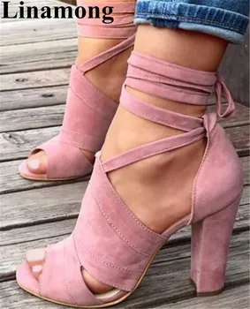 

2019 Hottest Flock Summer Crass-tied Cover Heel Square Heel Peep Toe Sexy High Heel Fashion Solid Women Sandals Shoes