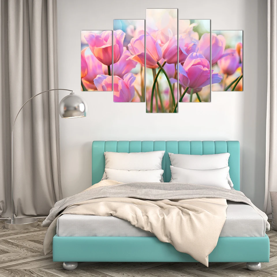 

Canvas Paintings HD Prints Posters Wall Art 5 Pieces Pink Flowers Pictures Framework Living Room Home Decor Spray Painting