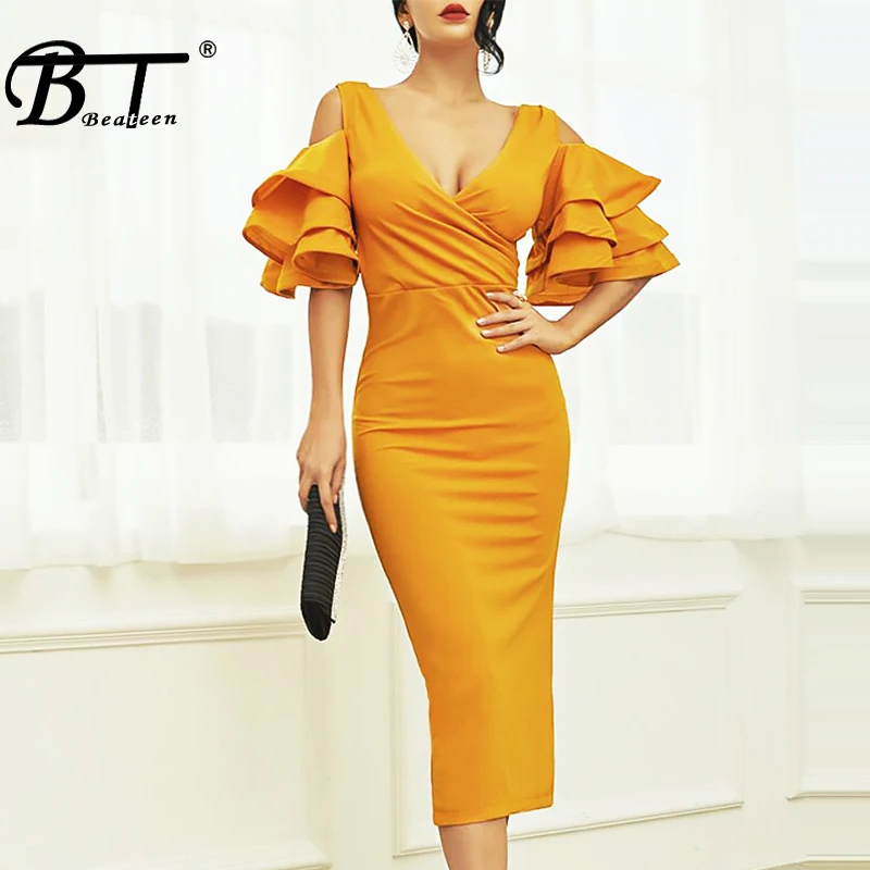 

Beateen 2019 New Plunge V Neck Strapless Shoulder Cascading Frill Sleeve Slit Party Elegant Woman Bodycon Midi Dress Yellow