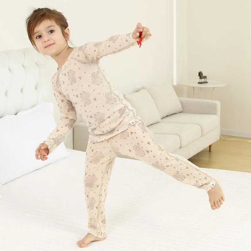  Merino wool kids' base layer thermal underwear set sports long johns baby girl clothes boys top and