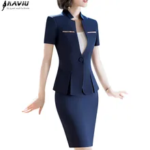 Модный женский костюм с юбкой, деловой летний формальный модный Тонкий Блейзер с v-образным вырезом и юбка, Офисная Женская одежда размера плюс для работы