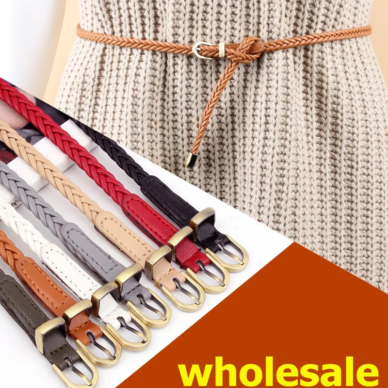 

Wholesale Women's Braided Belt Vintage Woven Thin Dress Belt Ladies Decorative Waist Rope For Female Pin Buckle Casual Waistband