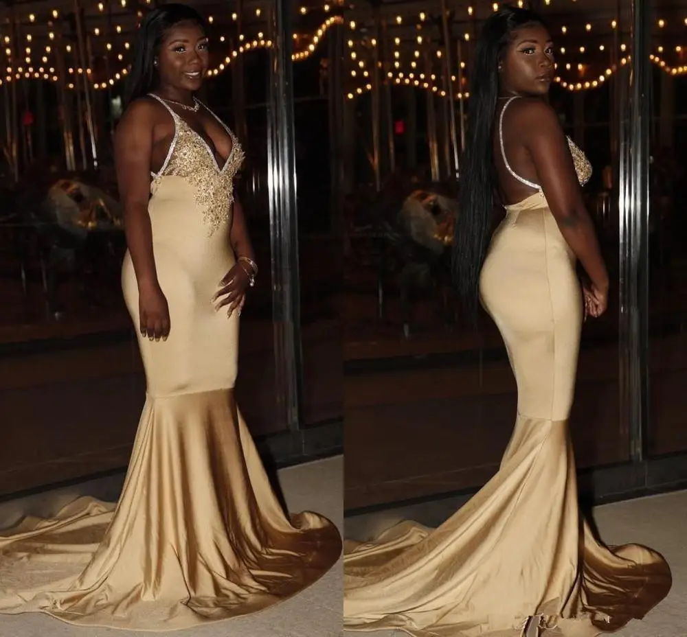 

Plus Champagne Mermaid Evening Dress Spaghetti Backless Sweep Train Appliques Beads Formal Prom Party Gown vestidos prom dresses