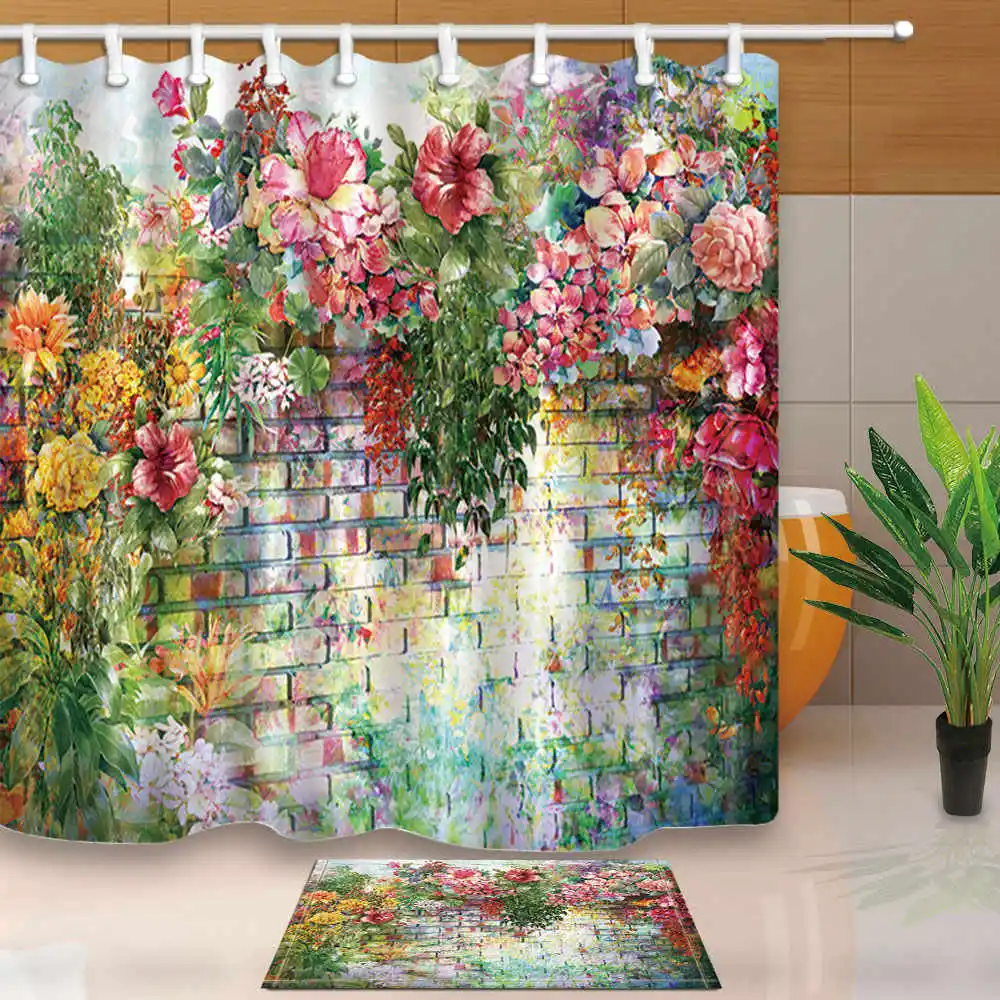 

Floral Shower Curtains Painting Brick wall Color Bathroom Curtains Art Design Home Decor Waterproof and Mildew Proof With Hooks