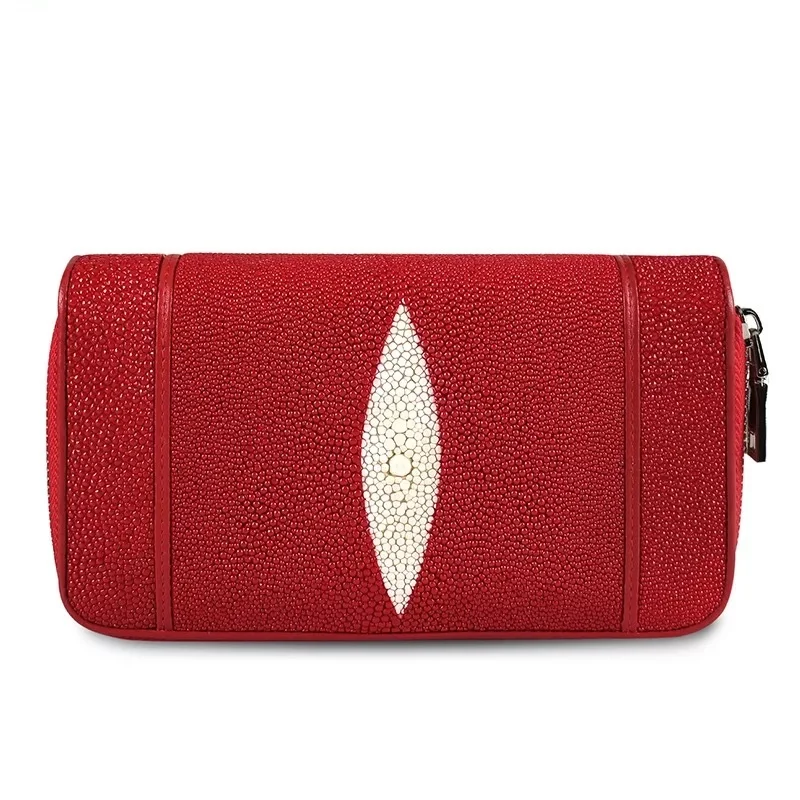 

Authentic Stingray Skin Zipper Closure Women's Large Red Clutch Purse Genuine Leather Lady Wristlets Bag Male Card Holder Wallet