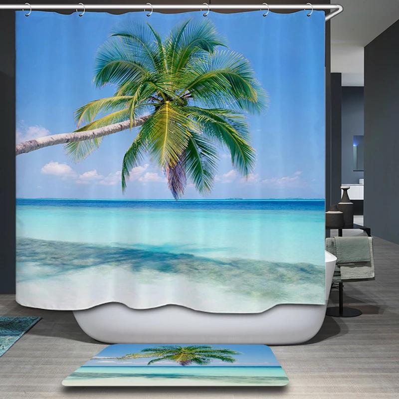 

Mediterranean Polyester Bath Curtain Light Blue Summer Beach Coconut tree Scenic Pattern Thicken Waterproof Shower Curtains