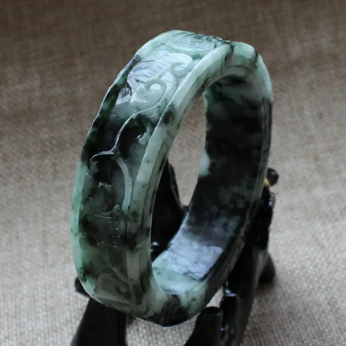 

A897 Chinese Hand-carved Emerald Green stoneite stone Gems Bracelet Bangle 57mm