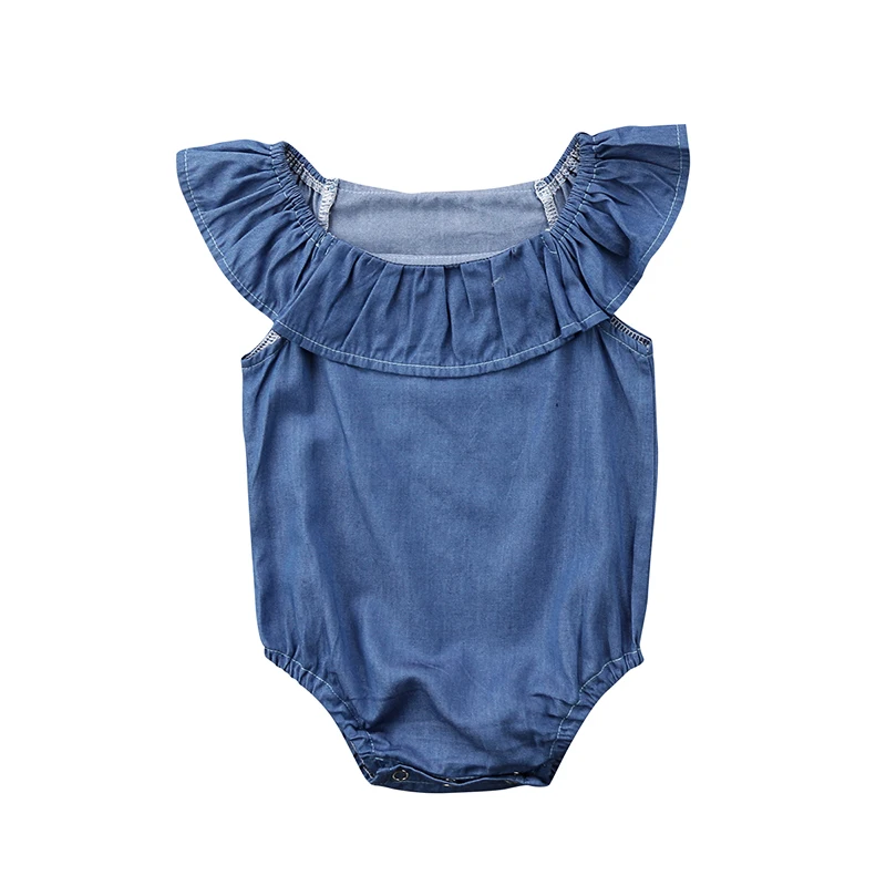

2018 Cute Newborn Infant Baby Girls Clothes Sleeveless Solid Ruffle Denim Bodysuit Jumpsuit Summer Outfit Clothing 0-24M