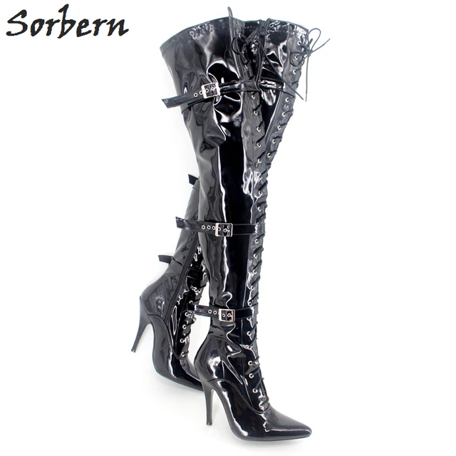 En Cuir verni Brillant Femmes Bottes Cuissardes Talons Haut Mince Talon Haut Bout Pointu Bottes Femme