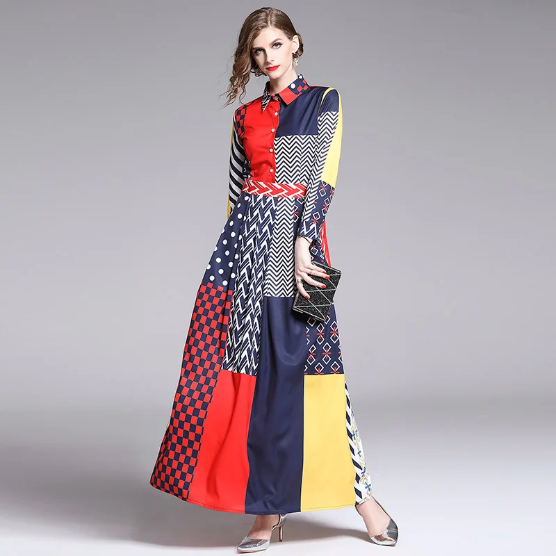 Autumn Winter Elegant Maxi Dress Women Vintage Contrast Color Geometry Pattern Printed Casual Turn-Down Collar Long Dress