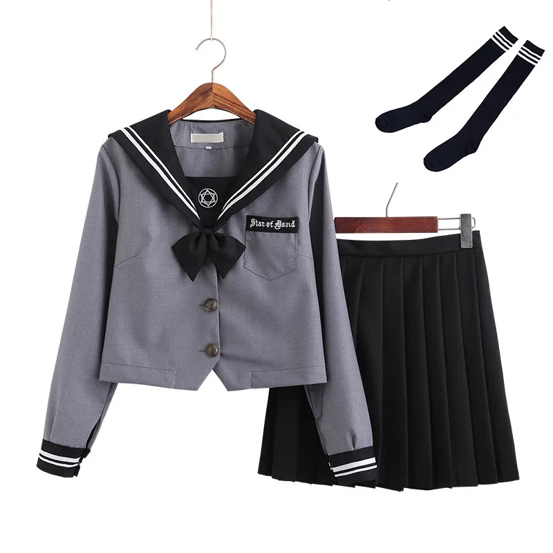 Long Set With Socks Темные Ангелы, японская школьная форма Jk для девочек, с вышивкой, короткий рукав, для средней школы, для женщин, новинка, Матросская форма, косплей, XXL - Цвет: Long Set With Socks